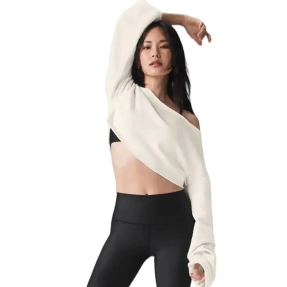 Alo Yoga Sweatshirt Women Medium Cropped Barre Shoulder Coverup in Ivory Relaxed